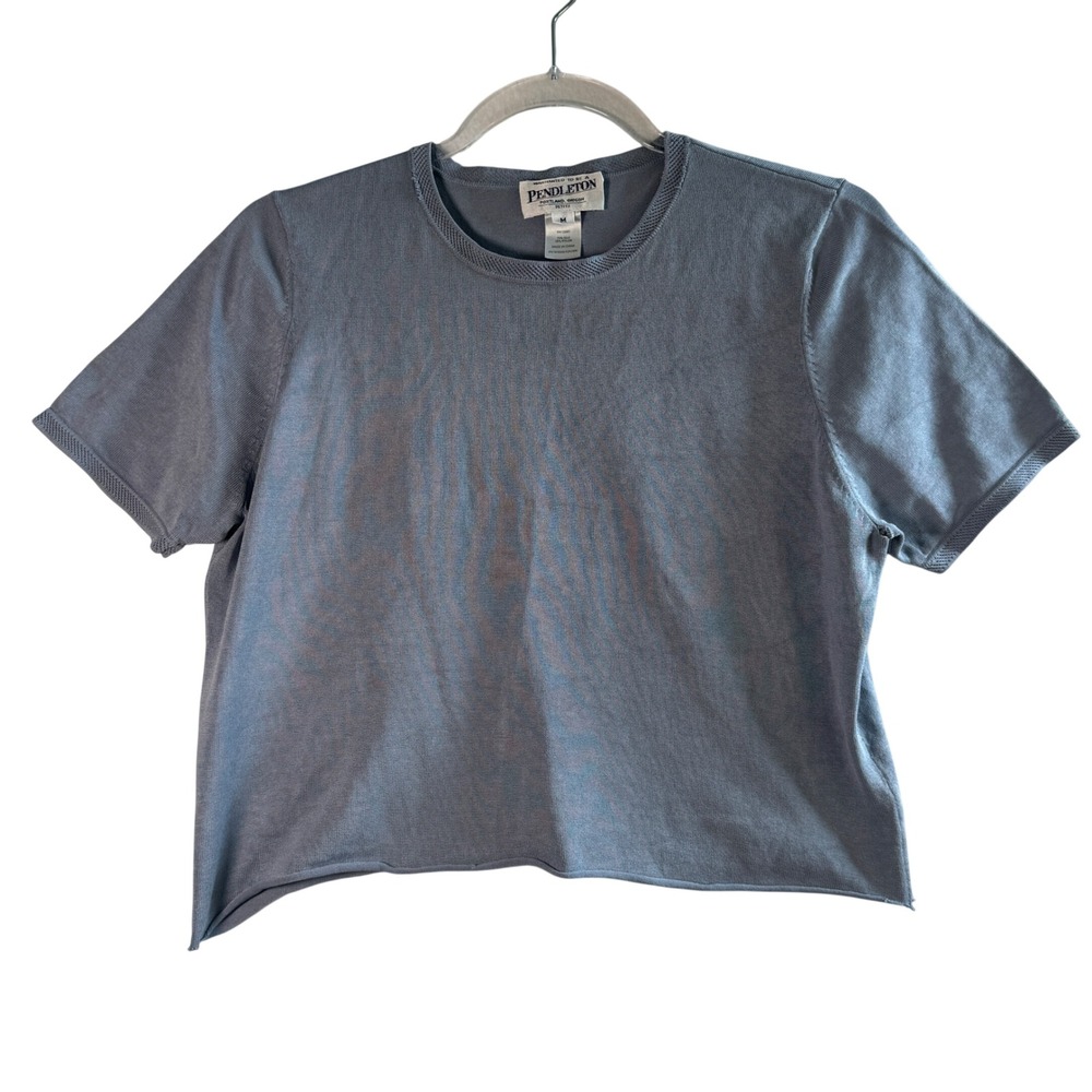 Pendleton Silk Blend Cropped Knit Top Blue Short Sleeve Sweater Tee Petite M PM